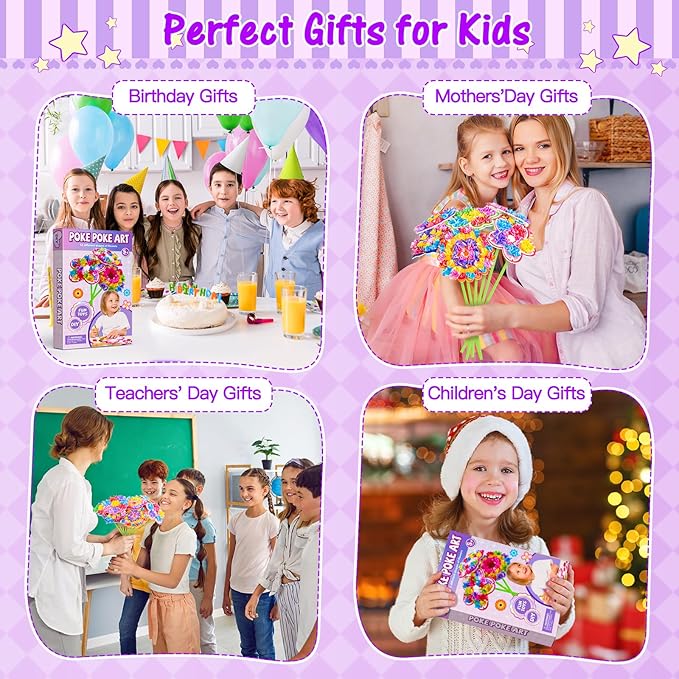 RIEYON Poke Poke Art - Flower Bouquet Kits for Kids, 12 Flowers Art and Craft DIY Creative Activity Crafts Kits, Mess-Free Fun for Kids, Birthday Christmas Gifts for Girls & Boys Ages 5, 6, 7, 8, 9,10