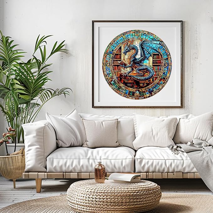 Wooden Puzzles for Adults - The Dragon's Library Wooden Jigsaw Puzzle, Unique Animal Shaped Wood Puzzles Adult, Christmas Birthday Gifts for Friends/Family, Home Decor 11.4 * 11.4in 200pcs