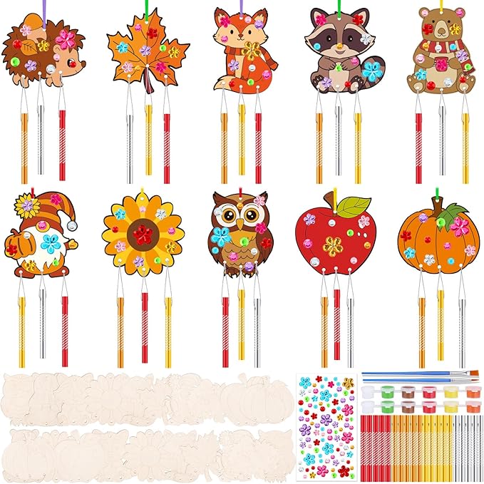 JellyArch 30 Pack Fall Wind Chime Making Kit for Kids Adult DIY Wooden Pumpkin Leaf Animal Crafts for Thanksgiving Halloween Classroom Activity Birthday Party Decoration Gift