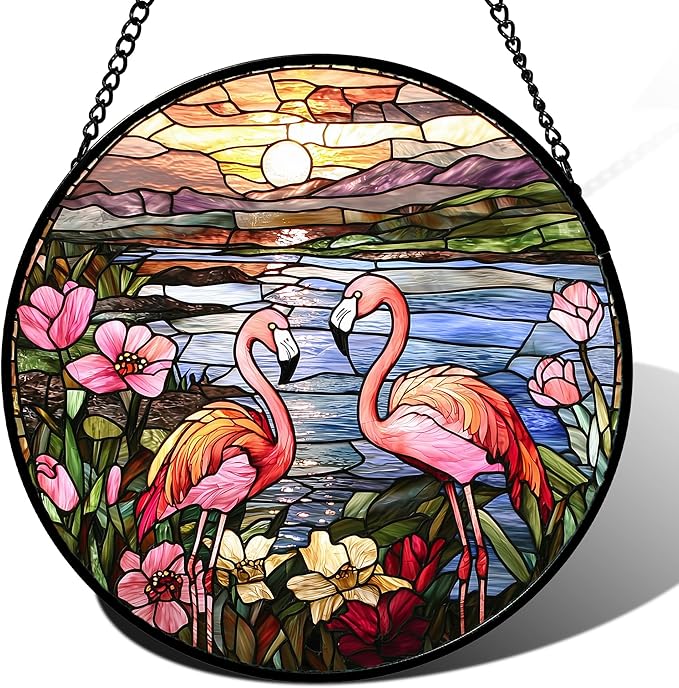 Stained Glass Window Hanging - Flamingo Wildflowers Landscape Suncatcher for Door Terrace Garden Home Decor Sunset Lake Sun Catcher Birthday Gifts for Lovers Women Men Dad Mom Nana 11.8 in