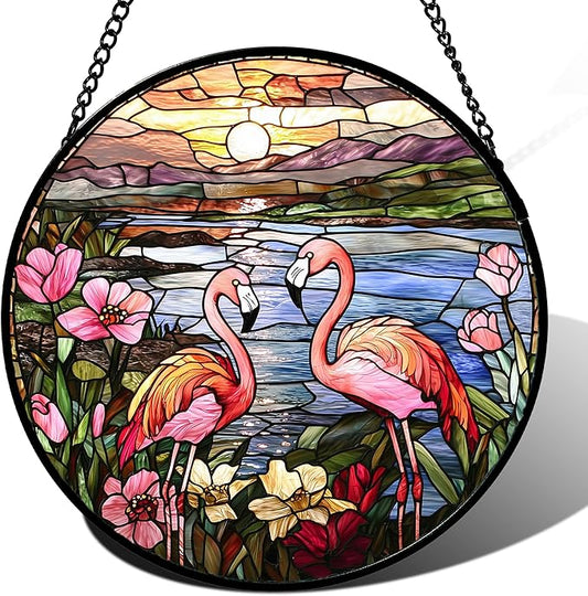 Stained Glass Window Hanging - Flamingo Wildflowers Landscape Suncatcher for Door Terrace Garden Home Decor Sunset Lake Sun Catcher Birthday Gifts for Lovers Women Men Dad Mom Nana 15 in
