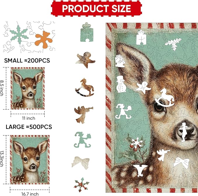 Christmas Deer Wooden Puzzles for Adults - 500 Pcs,13.3"×16.7", Picture Frame Fawn Educational Holiday Puzzle with Special Shapes, Stress Relief Family Game Night & Home Decor