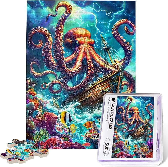 Octopus Ocean Puzzle for Adults 500 Pieces Octopus Pirate Ship Ocean Sea Jigsaw Puzzles Marine Artwork Colorful and Fun Challenging Puzzle for Game Nights