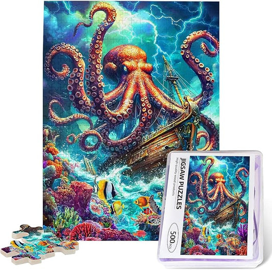 Octopus Ocean Puzzle for Adults 500 Pieces Octopus Pirate Ship Ocean Sea Jigsaw Puzzles Marine Artwork Colorful and Fun Challenging Puzzle for Game Nights