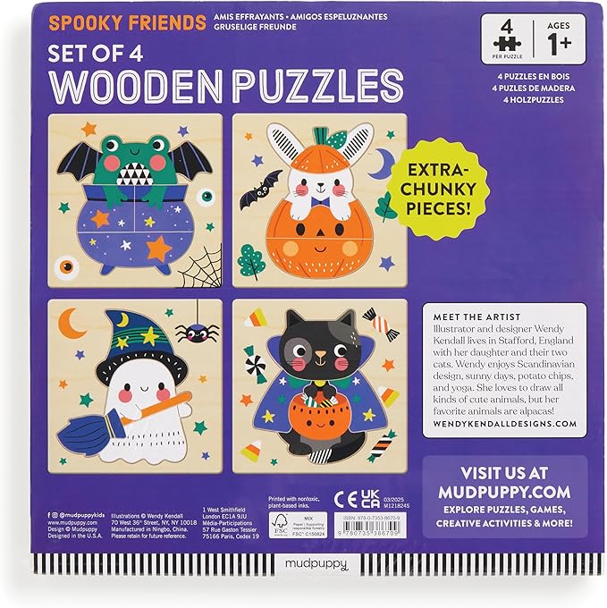 Mudpuppy Spooky Friends – Set of 4 Wooden 4 Piece Puzzles Featuring A Colorful Halloween Scene with Adorable Characters Perfect for Toddlers, Montessori Toys for 1-3+, FSC Certified