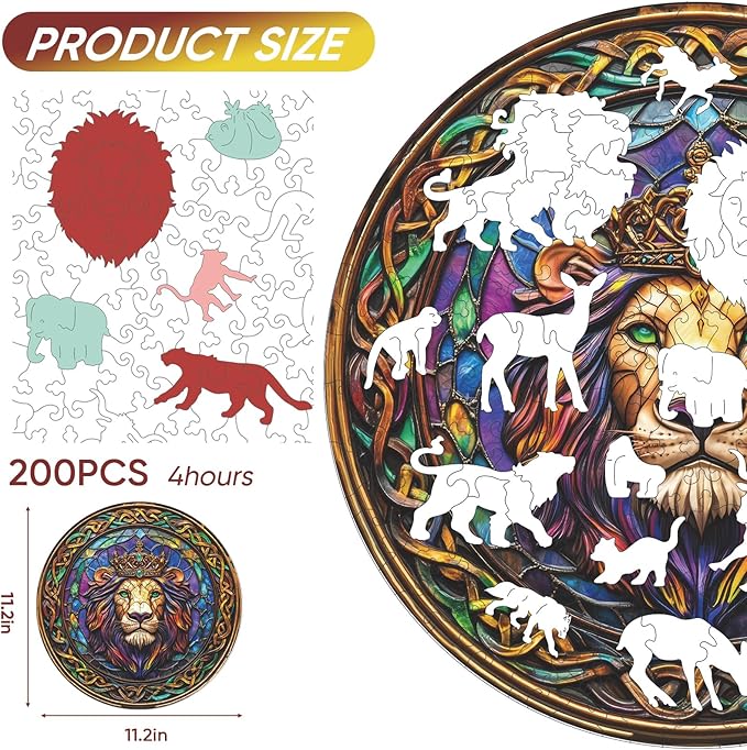 Wooden Jigsaw Puzzle, 200 Pcs Unique 3D Shape Jigsaw Puzzles, Wood Puzzle Gift Box Packing, Medium Size Letter, Creative Gift for Adults and Kids, Fun Challenging (200PCS, Lion)