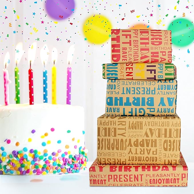 Brown Kraft Birthday Wrapping Paper and Ribbon Bow Set with Stickers for Boys, Girls, Men, Women and Kids - Recycled Gift Wrap (6 Sheets, 27.5"L x 19.6"W Per Sheet)