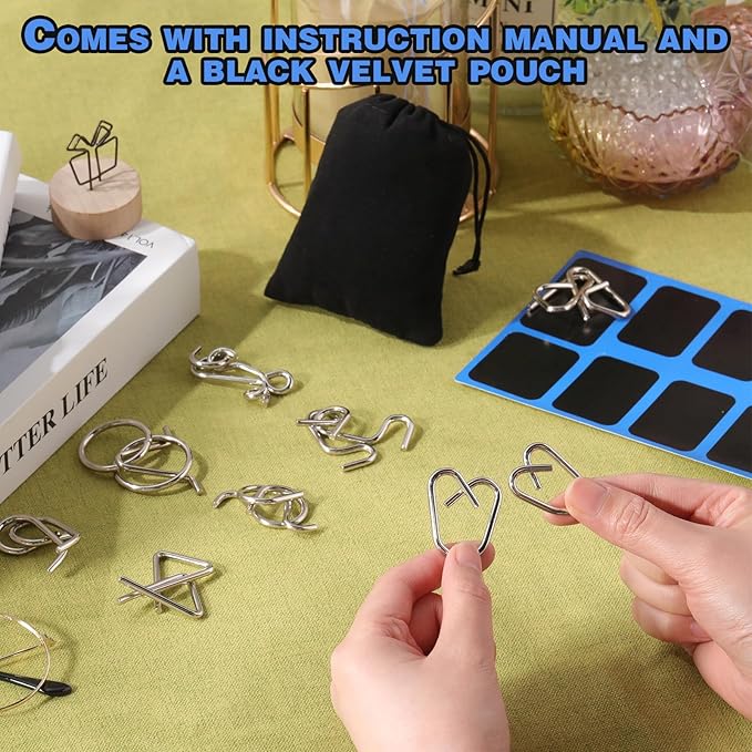 Yilloog Metal Wire Puzzle Set of 8 with Pouch, Brain Teaser Puzzles IQ Test Ring Disentanglement Unlock Interlock Game Trick Metal for Party Favor Challenge(C Style)
