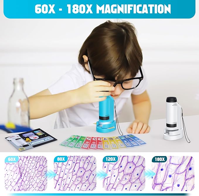 Portable Microscope for Kids Zoom 60x-180x,Handheld Mini Microscope Toy,STEM&Science Toys,LED Pocket,Little Scientist Microscopes with 12pcs Slides,Gift for 6,7,8,9,10+ Girls Boys（2PCS Blue）