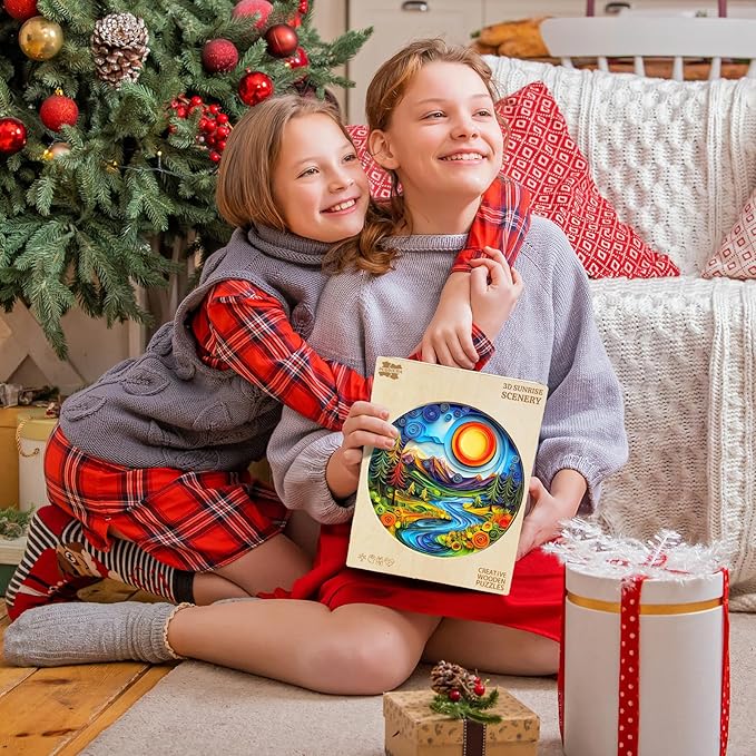 Wooden Puzzles for Adults - Unique Animal Shaped Sunrise Scenery Puzzle, 3D Vision Wooden Jigsaw Puzzle, Christmas Birthday Gifts for Friends/Family, Home Decor 8.5 * 8.5in 100pcs