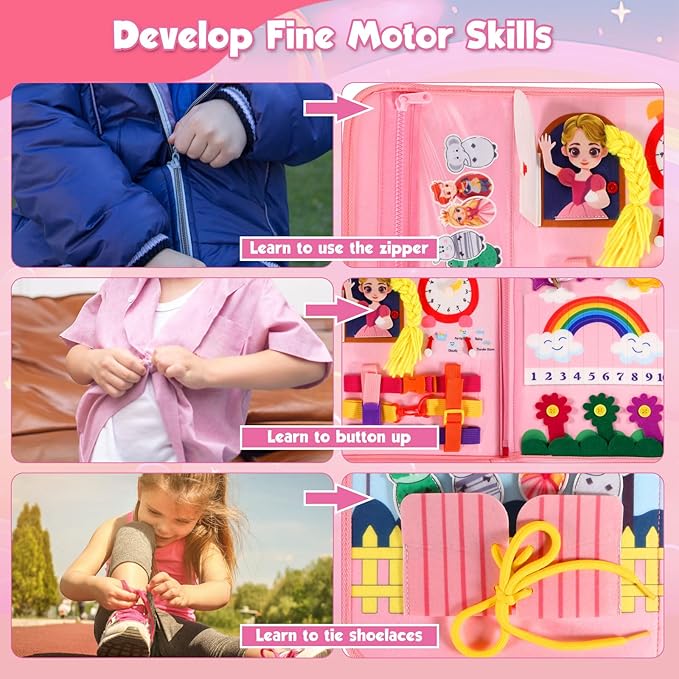 FREYBLI Toddler Busy Board, Montessori Toys for Girl Birthday Gift, Educational Quiet Activity Busy Book for Toddlers, Travel Toys for Airplane Car