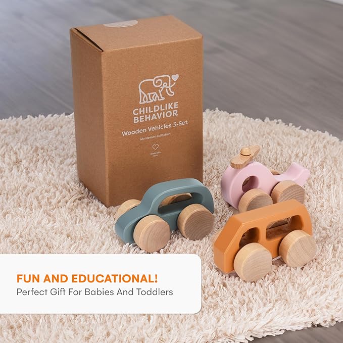 CHILDLIKE BEHAVIOR Wooden Cars for Toddlers 1-3 - Wood Push Truck Vehicle - Montessori Car Toys - Wooden Rattle Teething Toys - Colorful Wood Cars for Kids, Boys, & Girls (Set of 3)