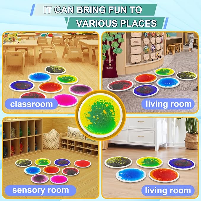 Sensory Circles Mats Liquid Tiles - Pack of 9 Round Sensory Floor Pads for Kids Autism Classroom