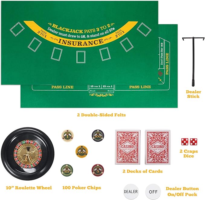 Brybelly Casino Night 4-in-1 Complete Game Set with Felts, Wheel, 100 Chips, Dice & Cards for Blackjack, Craps, Roulette & Texas Hold'em - Green Felt Double Sided Casino Tabletop Gaming Mat