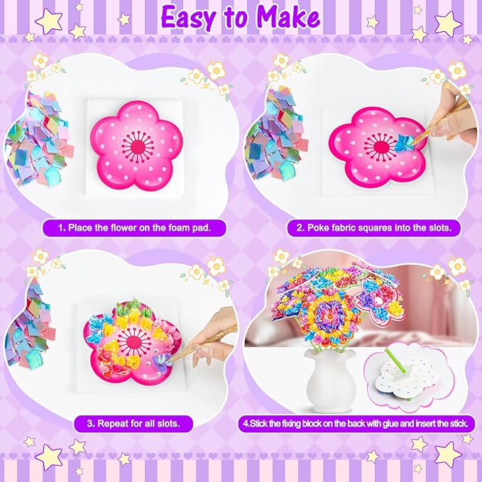 RIEYON Poke Poke Art - Flower Bouquet Kits for Kids, 12 Flowers Art and Craft DIY Creative Activity Crafts Kits, Mess-Free Fun for Kids, Birthday Christmas Gifts for Girls & Boys Ages 5, 6, 7, 8, 9,10