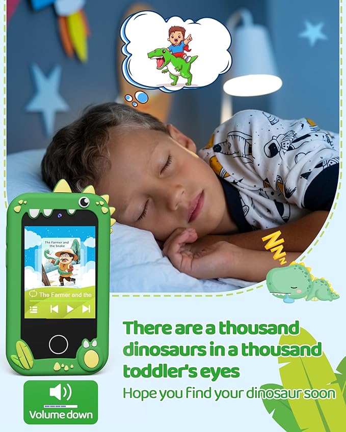 Kokodi Kids Smartphone Toy, Touchscreen HD Dual Camera Cell Phone for Kids, Dinosaur Toddler Play Phone for Boys 3-10, Learning Toy with 8GB SD Card (Green)