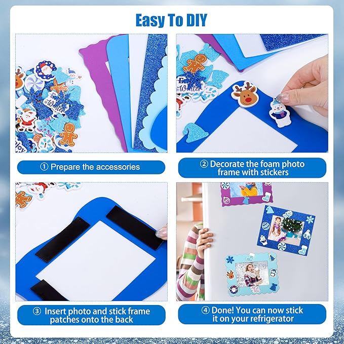 Fovths 24 Packs Winter Foam Picture Frame Kits DIY Winter Snowflake Frame Crafts Picture Craft with 300 Self Adhesive Stickers for Xmas Party Favors Birthday Home Decor