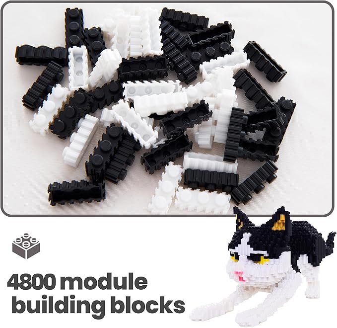Cat Micro Building Blocks Animal Set, Cow Cat DIY Mini 3D Building Toy Bricks Kit Gift for Adults and Kids, 4800 Pieces (Black & White)