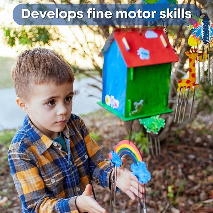9 Wooden Birdhouses & 9 Wind Chimes -Art & Crafts for Kids Ages 4 5 6 7 8 - Kids Bulk Arts and Crafts Set with Painting Kit -DIY Wood Bird House and Windchimes Kits for Boys Girls to Build & Paint