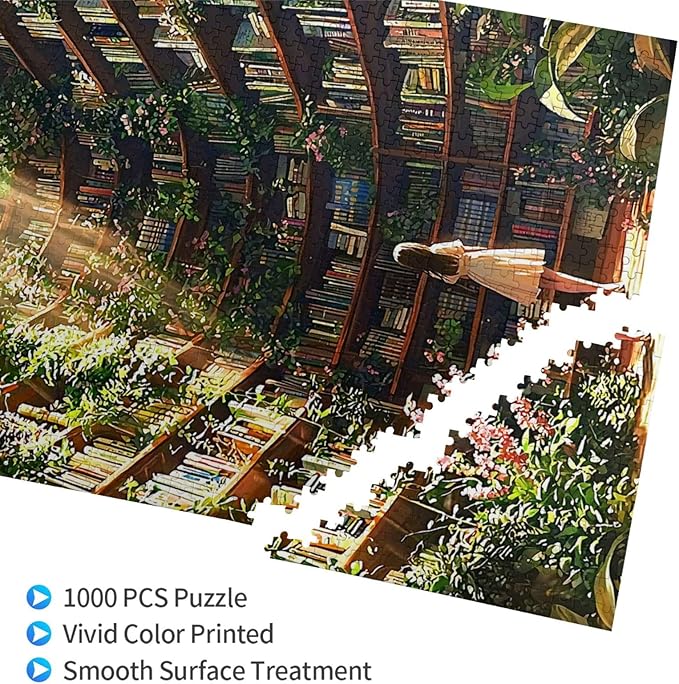 Library Jigsaw Puzzle 1000 Pieces，Library Bookshelf Jigsaw Puzzles,Plant Bookshelf Puzzles, Library Retro Aesthetic 1000 Pieces Puzzle Art, Botanical Literary Theme Difficult Challenging Hard Puzzle
