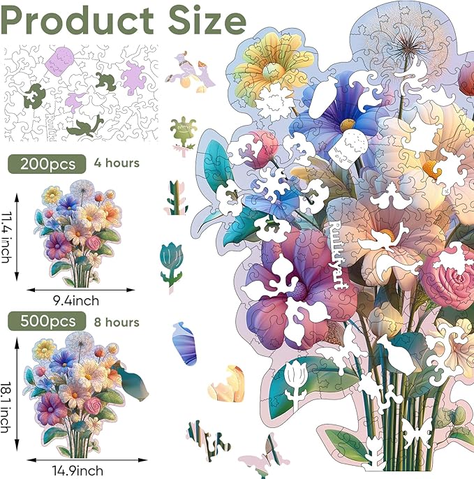Ruikiyart Wooden Puzzles for Adults, 5MM 200 Pieces Flower Wooden Jigsaw Puzzles, Floral Puzzle Unique Shaped Gifts for Adults and Kids on Thanksgiving, Christmas Family Puzzle Games (9.4"*11.4")
