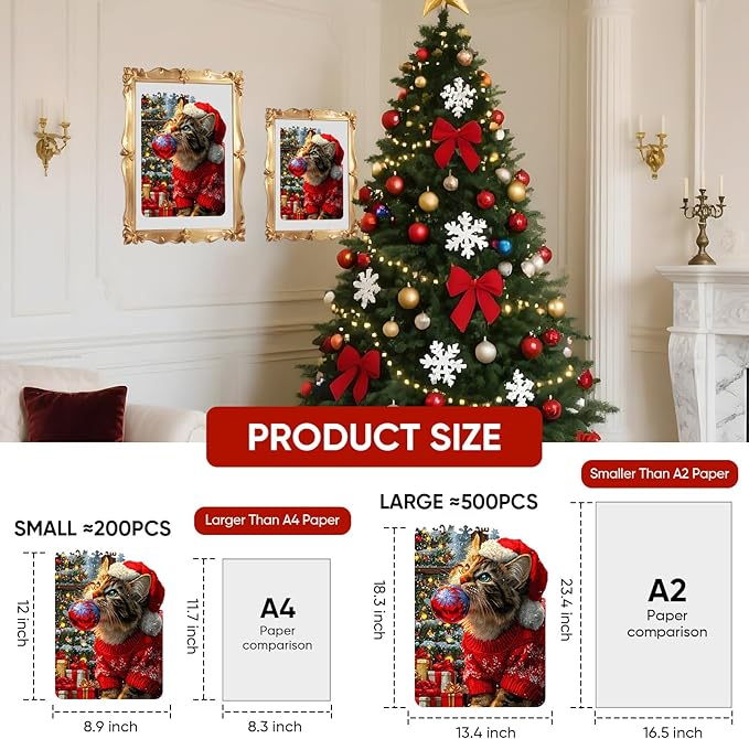 Christmas Hat Cat Jigsaw Puzzles - 200 Pcs Handmade Wooden Puzzle with Unique Shapes, Stress Relief & Educational Fun, Family Game Night 8.9×12.1 Inch, Best Gift for Friends