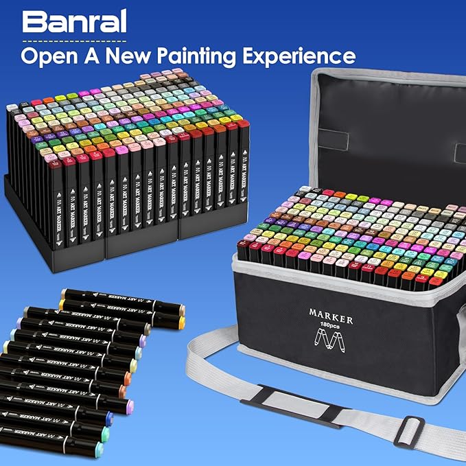 Banral 180 Colors Alcohol Markers Set, Dual Tip Alcohol Based Art Marker for Artists Kids Adult Coloring, Permanent Illustration Sketch Pens for Drawing with Case and Holders