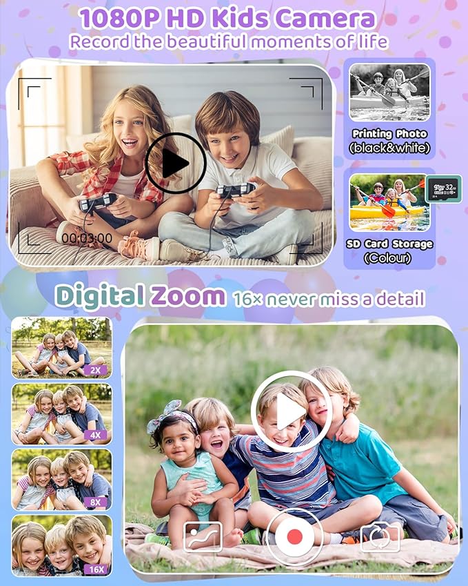 Instant Print Camera for Kids with 3 Rolls of Printer Paper, 1080P Toddler Digital Camera Toys for Age 3-12 with 32GB SD Card, Christmas & Birthday Gifts for 3 4 5 6 7 8 Year Old Girls & Boys (Purple)