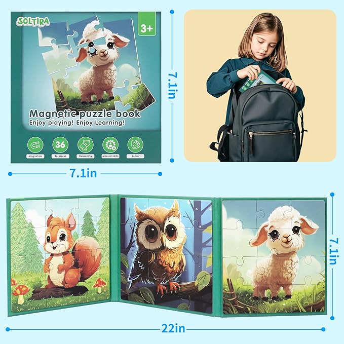 Puzzles for Kids Ages 3-5 36PCS-3 Animal Themes Magnetic Puzzles for Kids 4-6 Travel Puzzle for Airplane/Car/Road Trip/Gift Toys for 3 4 5 6 Year Old Girls and Boys