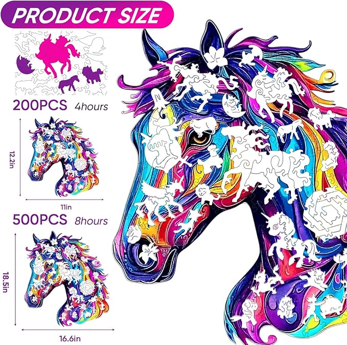 Wooden Jigsaw Puzzle, 200 Pcs Unique 3D Shape Jigsaw Puzzles, Wood Puzzle Gift Box Packing, Medium Size Letter, Creative Gift for Adults and Kids, Fun Challenging (EA4Horse, 200PCS)