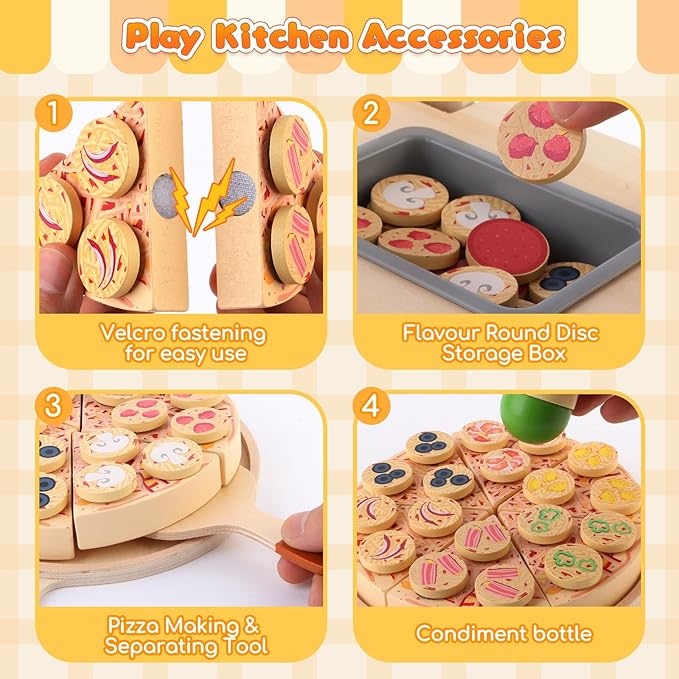 Wooden Pizza Toy Set for Kids, 68PCS Montessori Pretend Play Food Toys, Wooden Pizza Counter Playset with Bake Oven & Toy Dishes, Develop Imagination, Ideal Gift for Boys & Girls Aged 3+