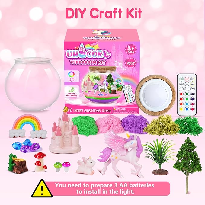 RONSTONE Light-Up Unicorn Terrarium Kit for Girls – DIY Arts & Crafts Gift with Remote-Control LED Night Light – Fun Unicorn Toys for Kids Ages 4 5 6 7 8 9 10 – Birthday or Christmas Gift for Girls