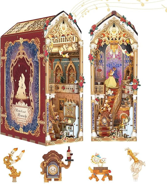 Tonecheer DIY Book Nook Kit for Adults, 3D Wooden Puzzle Music Booknook Miniature Dollhouse, Fairy Tale Bookend Bookshelf Decor with Dust Cover and LED Lights Gifts (Beast‌ and Beauty)
