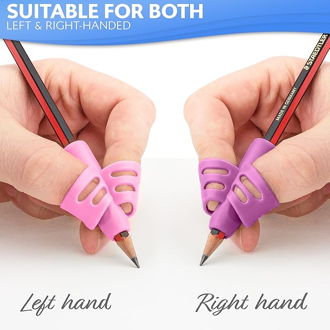 Stylo Pencil Grips Pack of 3 - Perfect Handwriting Holders for Kids Home Schooling and Preschool - Assorted Pen Grips (Purple, Blue, Pink)