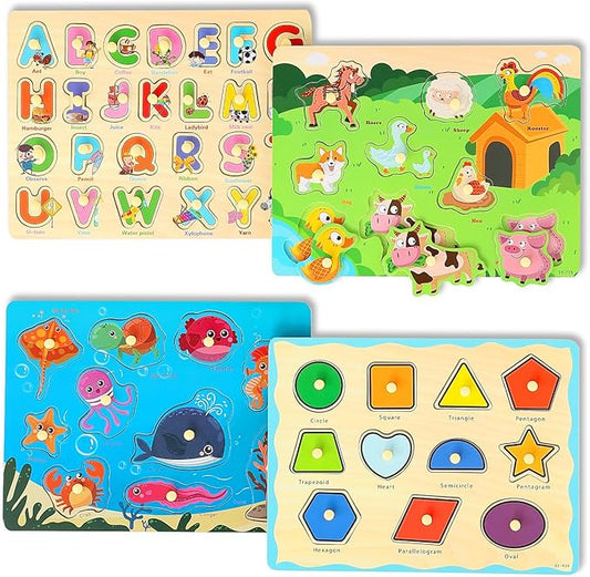 GRINNIE Wooden Toddler Puzzle for 3 4 5 Years Old, Preschool 4 PCS Learning Toy Ages 2-4 Kid Puzzles (ABC, Shape, Farm and sea Animals), Educational Toy Gift for Girls Boys Birthday Christmas