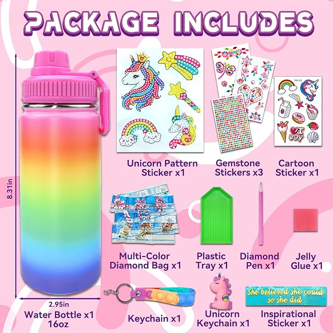 7july Decorate Your Own Water Bottle Kits for Girls Age 4-6-8-10 (Stainless Steel),Unicorn Themed Painting Crafts,Fun Arts and Crafts Gifts Toys for Girls Birthday Christmas