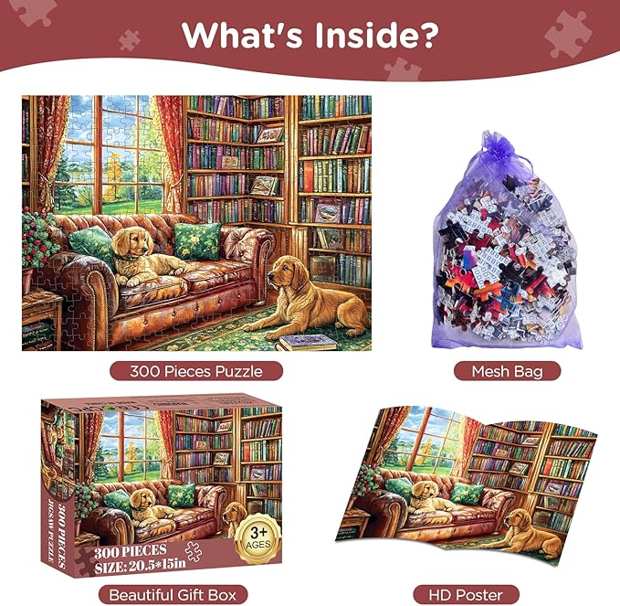 300 Pieces Jigsaw Puzzles for Adults, Golden Retriever Jigsaw Puzzles for Kids Adults Seniors, Adult Puzzles 300 Pieces, Challenging Puzzle Great Gift for Family Friends