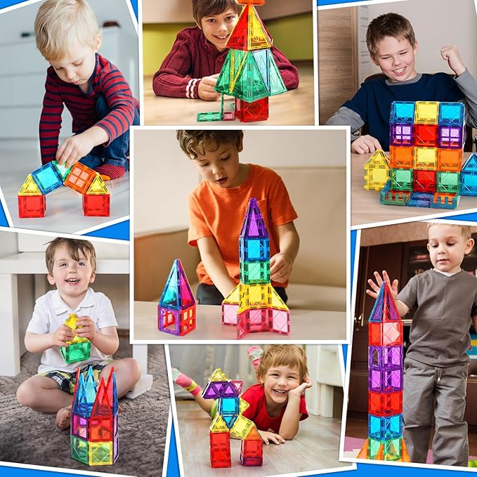 100PCS Magnetic Tiles Kids Toys - Magnetic Building Blocks STEM Magnet Building Set Preschool Learning Magnet Toys for Kids Ages 3-5 4-8, Sensory Montessori Toy for Toddlers 3+ Year Old