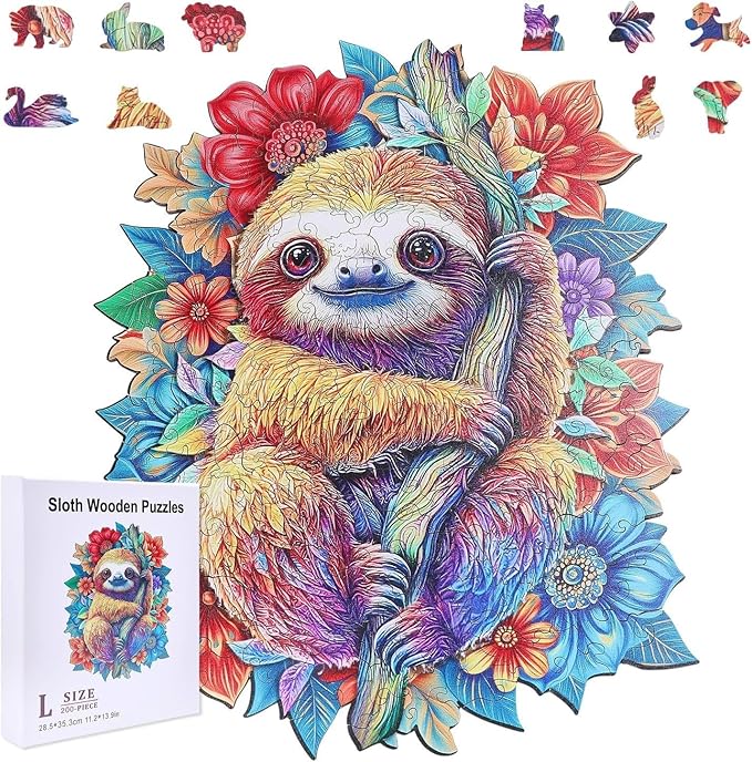 GLOBLELAND 200Pcs Sloth Wooden Jigsaw Puzzles for Adults 11.22x13.9inch Jungle Sloth Wooden Puzzles Colorful Unique Shaped Wood Puzzles for Family Anniversary Birthday Gift