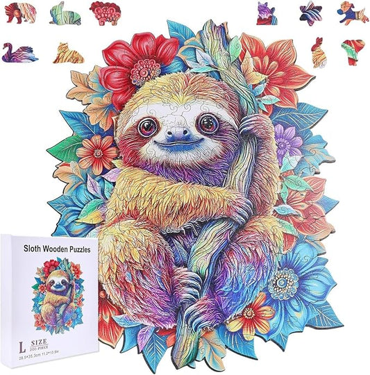GLOBLELAND 200Pcs Sloth Wooden Jigsaw Puzzles for Adults 11.22x13.9inch Jungle Sloth Wooden Puzzles Colorful Unique Shaped Wood Puzzles for Family Anniversary Birthday Gift