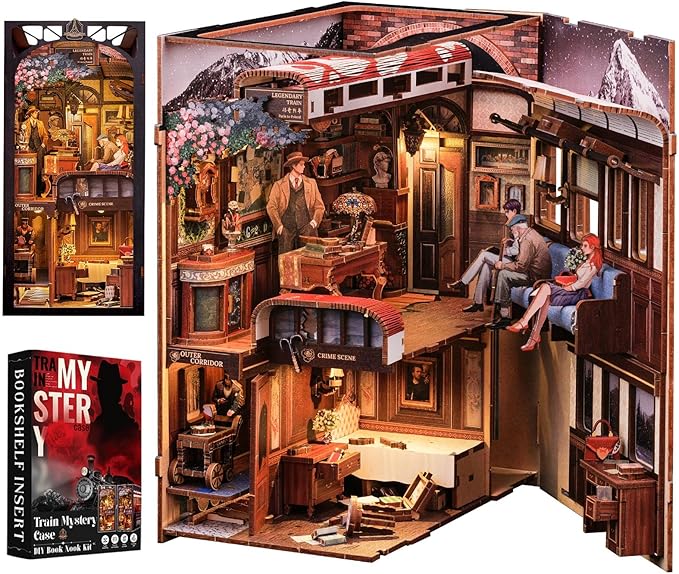 Cutefun Book Nook Kit, DIY Miniature House Kit for Teens, Book Nook Kits for Adults, Wooden Dollhouse for Bookshelf Decor, Model Building Creativity Gifts for Family & Friends (Train Mystery Case)