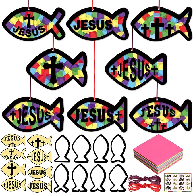 Funrous 32 Set Faith Fish Suncatcher Craft Kit DIY Jesus Fish Craft Religious Cross Hanging Ornament Christian Colorful Tissue Paper for Church Bible Vbs Sunday School Classroom Home Window Deocr