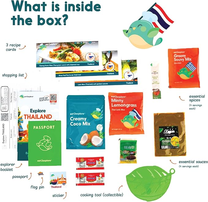 eat2explore Cooking Kits for Kids - Interactive & Educational Set with 3 Recipe Cards, Key Ingredients & Cooking Tools - Ideal Idea for Kids who Love to Create Meals (Thailand Edition)