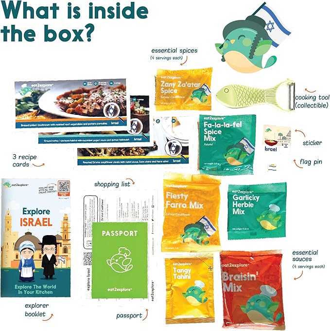 eat2explore Kids Interactive & Educational Real Cooking Set for Families | Includes 3 Local Recipe Cards with Key Ingredients, Cooking Tools, Fun Kids Explorer Guide | Explore Israel Kit