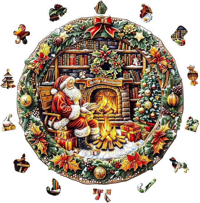 Christmas Best Gifts - Christmas Puzzle, Wooden Puzzles for Adults, Fireside Santa Wooden Jigsaw Puzzles for Adult, Xmas Wood Puzzles Adult, Round Gingerbread Puzzle (M-11.4 * 11.3in -200 Pieces)