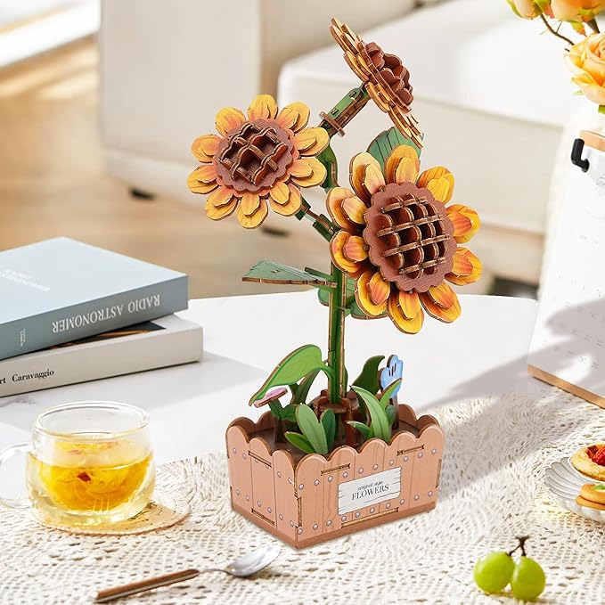 3D Wooden Puzzles for Adults - Sunflower Flower Puzzle, DIY Wooden Flowers Model Building Kits Crafts, Botanical Collection Gift Ideas for Mother's Day Birthday Christmas Housewarming