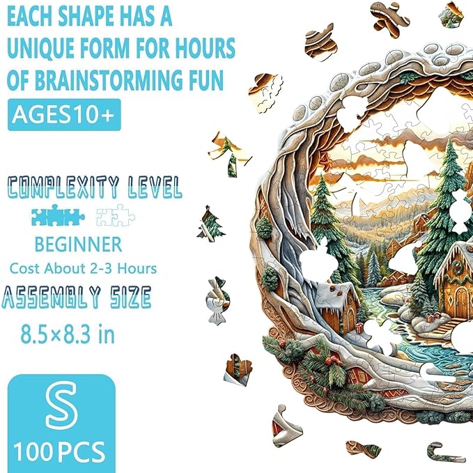 Christmas Best Gifts - Christmas House Puzzle, Unique Shape Wooden Christmas Puzzles, Snowy Xmas Wooden Puzzles for Adults, Gingerbread House Puzzle, Wood Puzzles Adult (S-8.5 * 8.3in-100 Pieces)