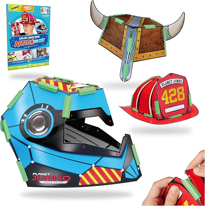 JUNKO DIY Kids Helmet Craft Kit – Build & Decorate 3 Cardboard Helmets (Firefighter, Viking, Space) – Ages 6–10 – Recycled, Reusable – Creative Parent-Child Activity