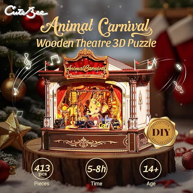 CUTEBEE 3D Puzzles Wooden Theater for Adults - DIY Music Box Rotating Miniature House Kit Model Building Set with LED Light, Home Bookshelf Decor, Unique Birthday Gifts (Animal Carnival)