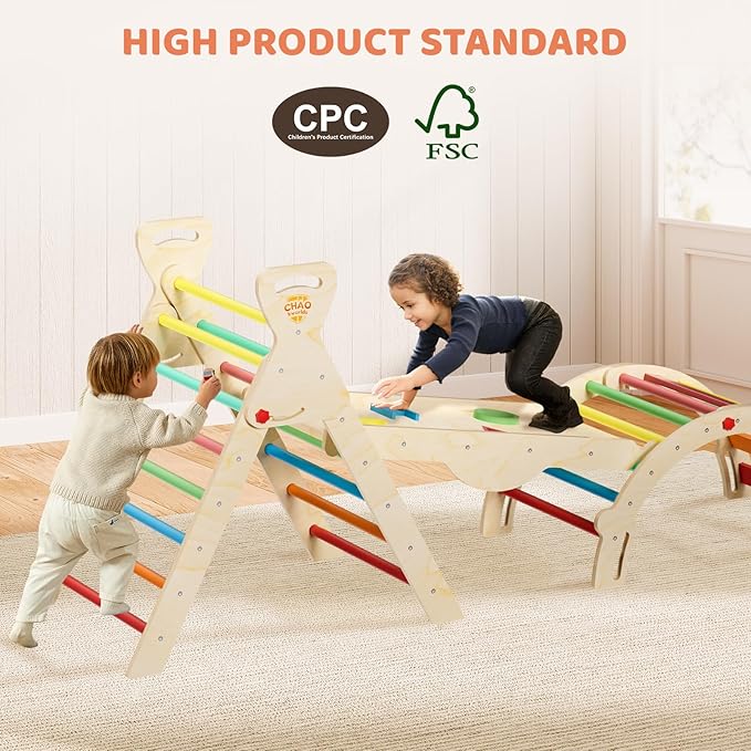 Pikler Triangle Set 7-in-1 Foldable Montessori Wooden Climbing Toys for Toddlers 1-5 Years Indoor Jungle Gym with Slide, Arch Ladder & Ramp Solid Wood Baby Activity Climber（ Rainbow）